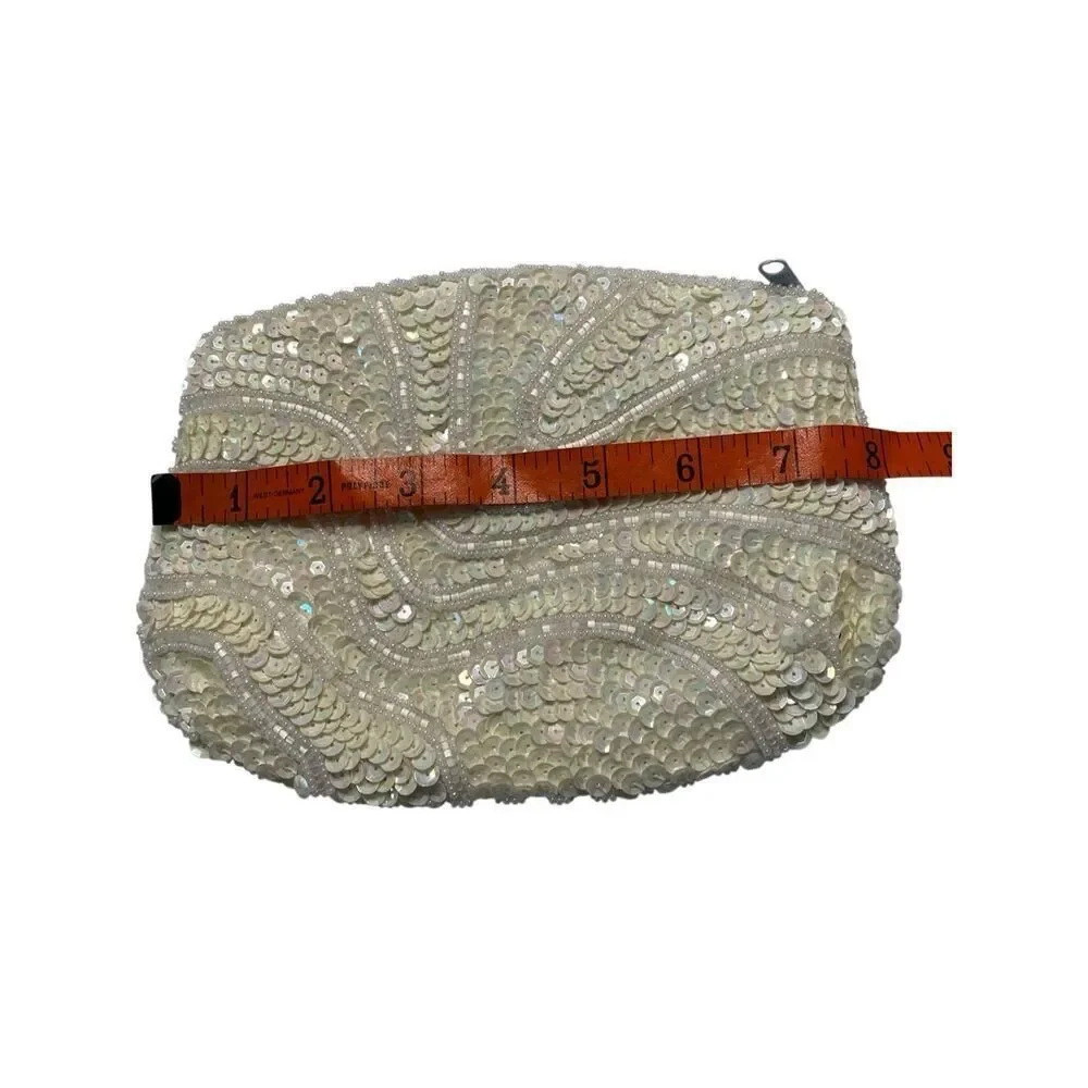Vintage Ivory Beaded Sequin Clutch Bridal Purse 80s Formal Small Handbag Wedding